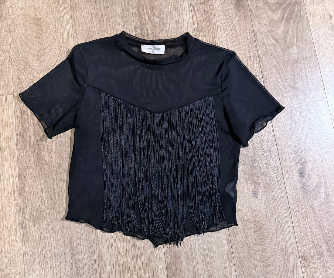 Black Mesh Fringe Top