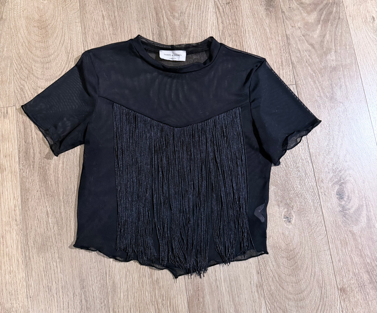 Black Mesh Fringe Top